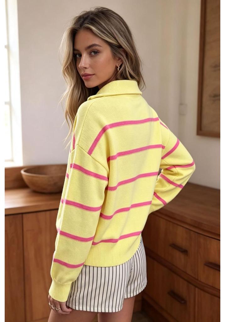 2026 Fall/Winter Women's Striped Zipper Sweater - Loose European and American Fashion Knit Pullover