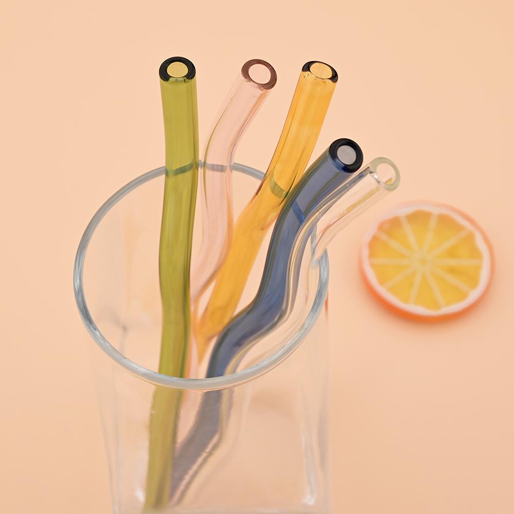 6Pcs 200*8mm Glass Straws Wavy Pink Drinking Straw Set with Brush High Borosilicate Glass Straw Kitchen Party Bar Drinkware