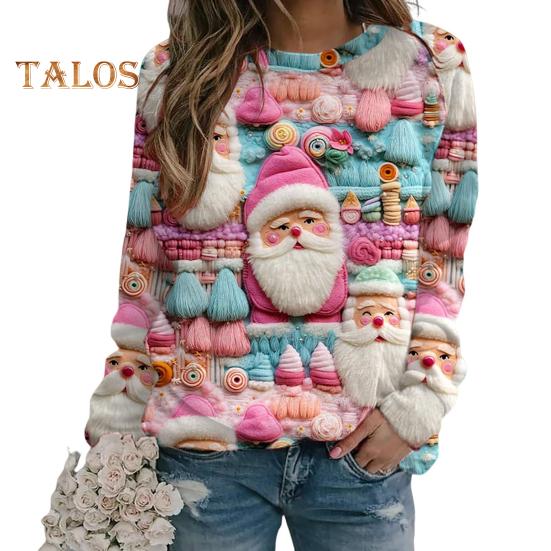 Julegenser Dame 3D Juletre Hus Trykk Rund Hals Langermet Topper Lett Ferie Genser Topper