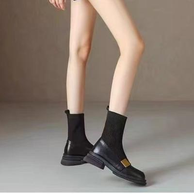 Retro Brown Soft Leather Round Head Thick-soled Knitted Socks Boots Women's Versatile Metal Buckle Muffin Elastic Fashion Boots