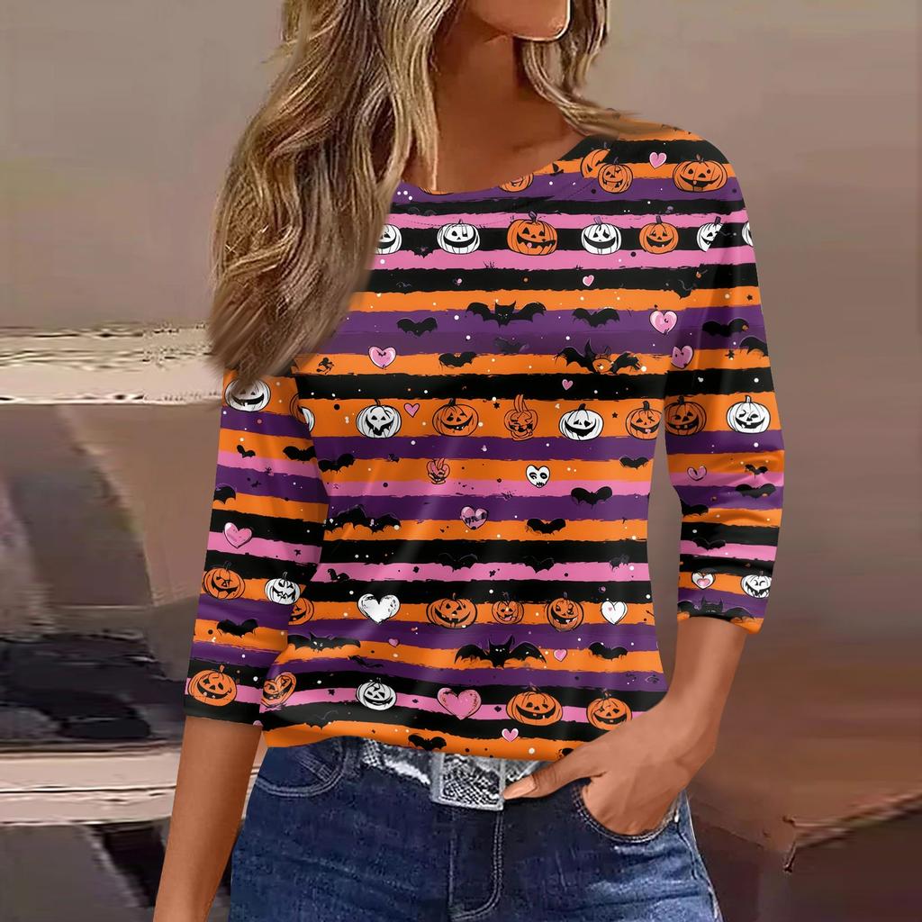 Womens Casual Loose Fit Halloween Print T Shirt Round Neck Three Quarter Sleeve Blouse Comfortable Everyday Wear