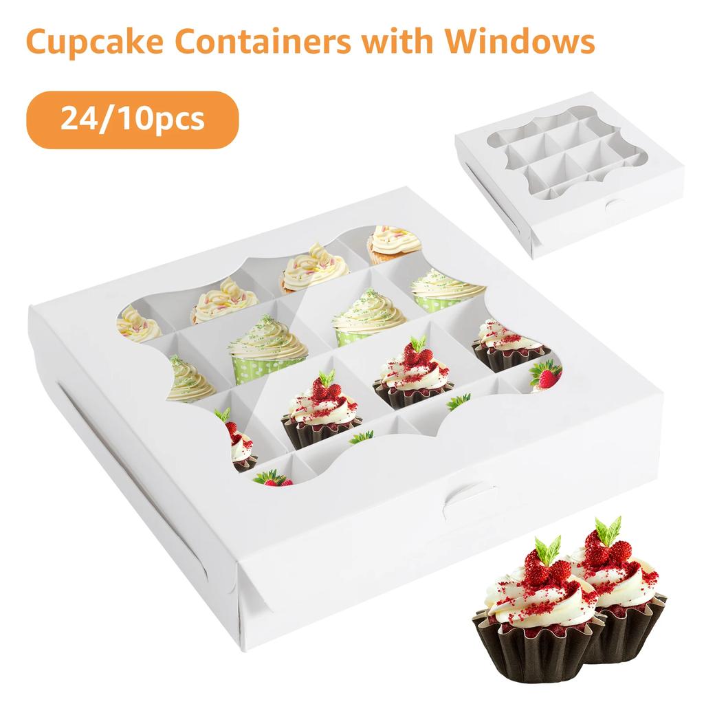 10/24Pcs Cupcake Packing Box 16-Grids Paper Bakery Boxe with Clear Window for Party Desserts Pastries Chocolates Containers New