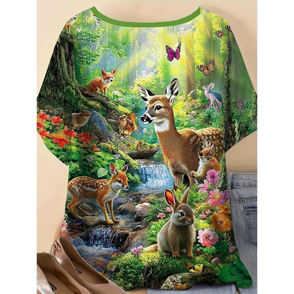 T-shirt da Donna Taglie Forti con Stampa Animali del Bosco, Top Casual Girocollo a Maniche Corte, Abbigliamento Estivo per Esterno