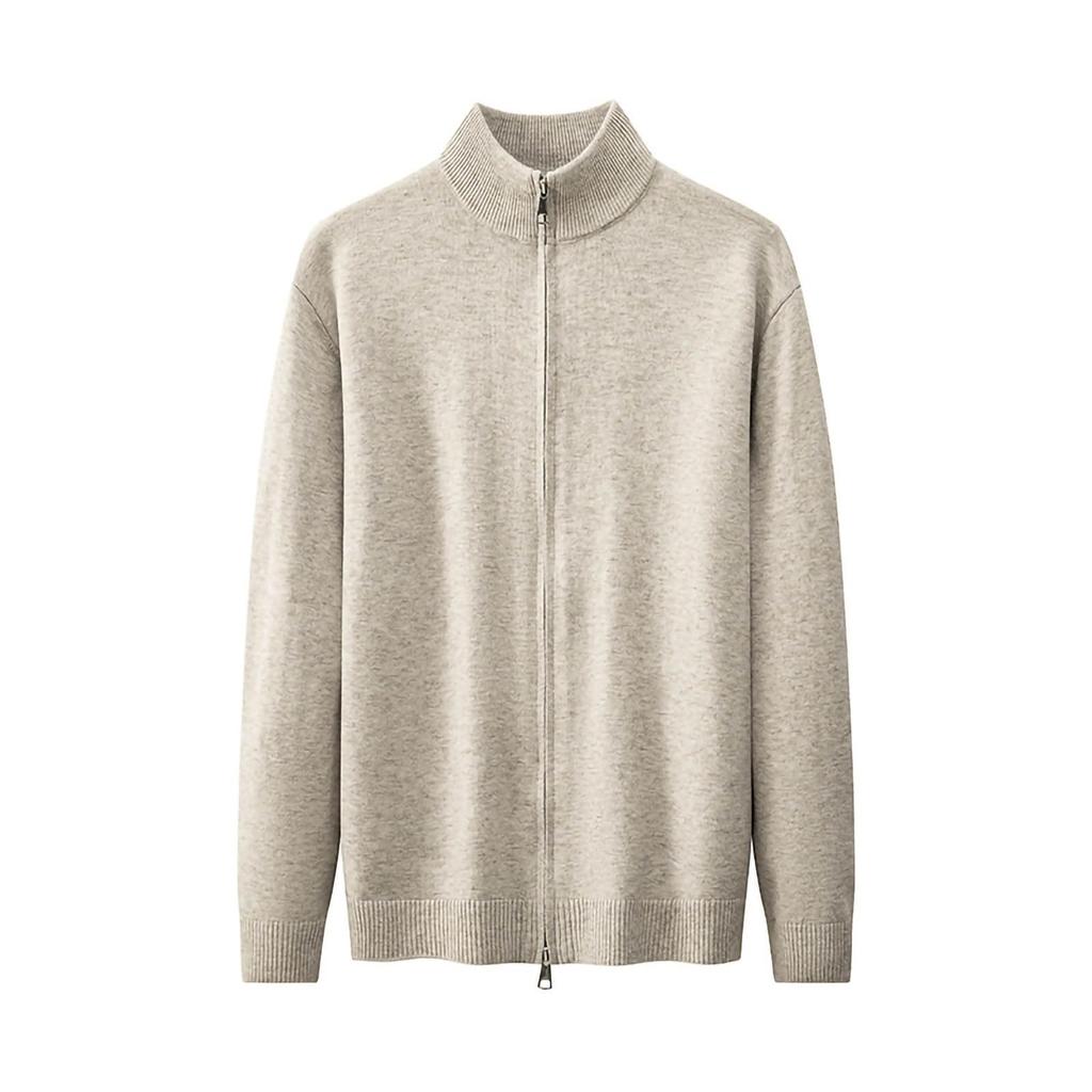 Men's Solid-color Double-zipper Cardigan Sweater Jacket, Unisex Stand-up Collar Knitted Sweater Top