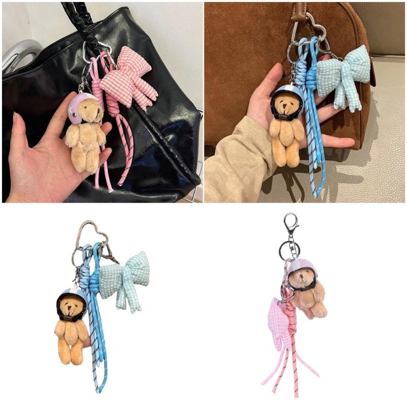 Stylish Plush Helmet Bear Keychain with bowknot Keychain Perfect For Backpacks Luggage Fashionable Daily Companion