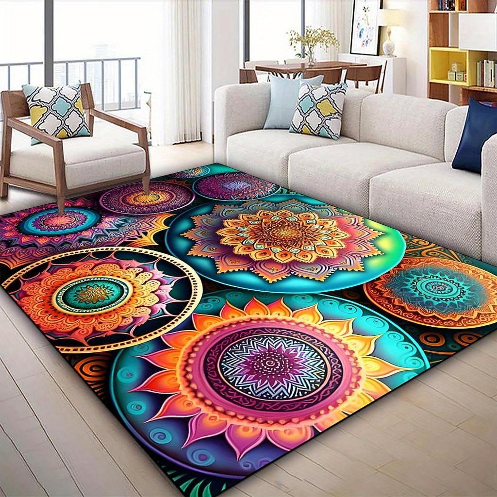 Bohemian Mandala Area Rug - Non-Slip Washable Polyester Mat for Living Room , Bedroom & Entryway , Vibrant Multicolor