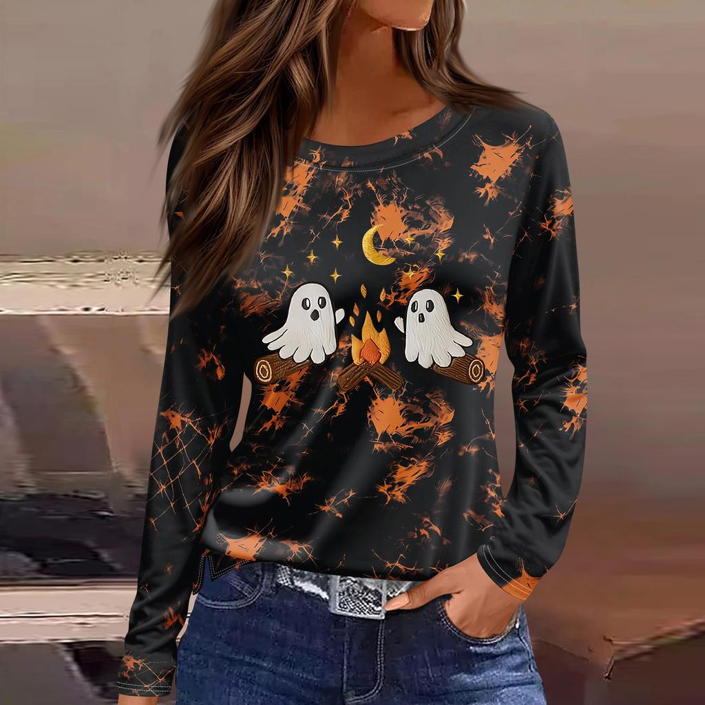 Women's Fashion Long Sleeve Top with Halloween Print and Side Slits, Round Neck
