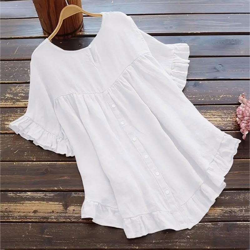Summer Tops Cotton and Linen Solid Loose Casual Blouses Women Fashion New Ruffled Short Sleeve Women Shirts Elegant Slim Fit Retro Female Blouse 26466