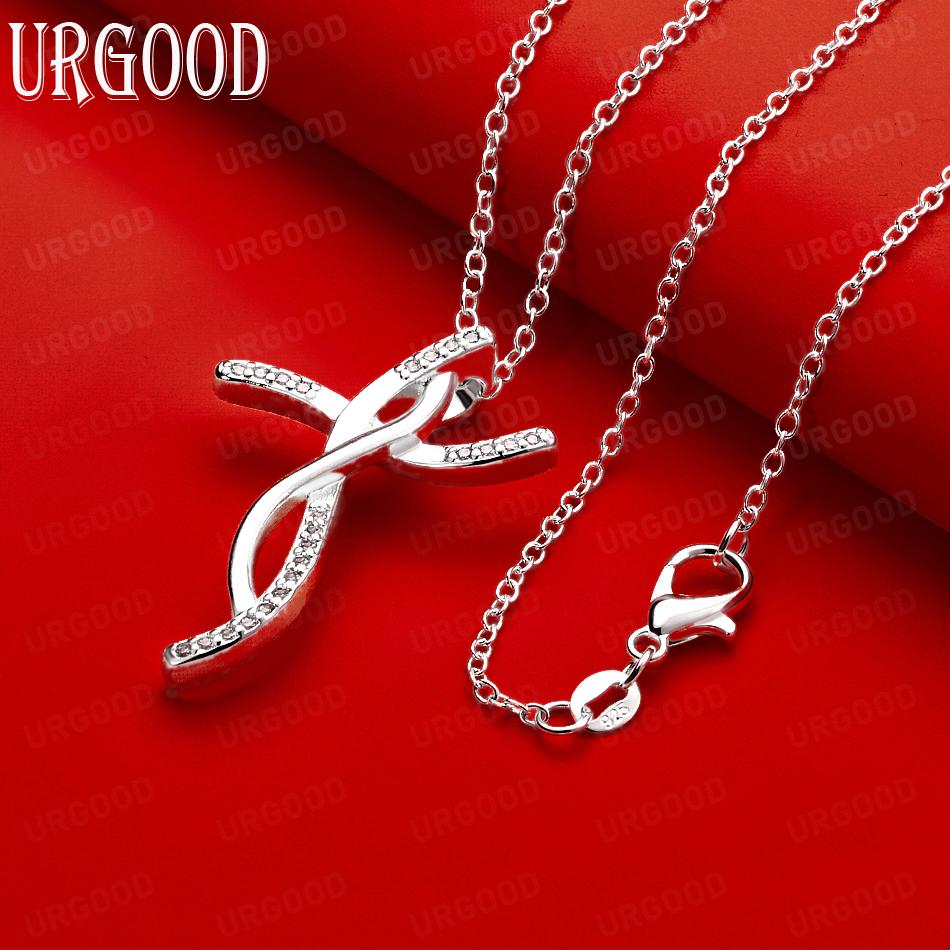 925 Sterling Silver Simple Interlocking Cross Pendant Necklace Set With AAA Zircon - Stylish Evening Jewelry