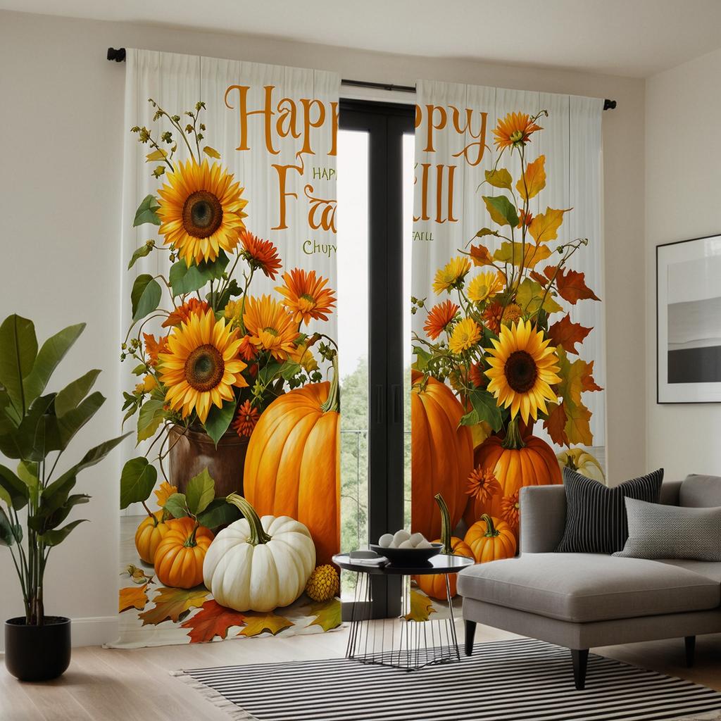 2 Stück HD Erntedankfest Sonnenblume Blumentopf Kürbis Dekovorhang Gelbe Schleife Digital bedruckter Vorhang Heimdeko
