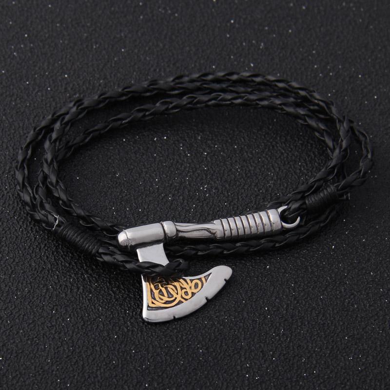 Viking Valknut Axe Leather Bracelet for Men Women Nordic Jewelry Gift with Wooden Box