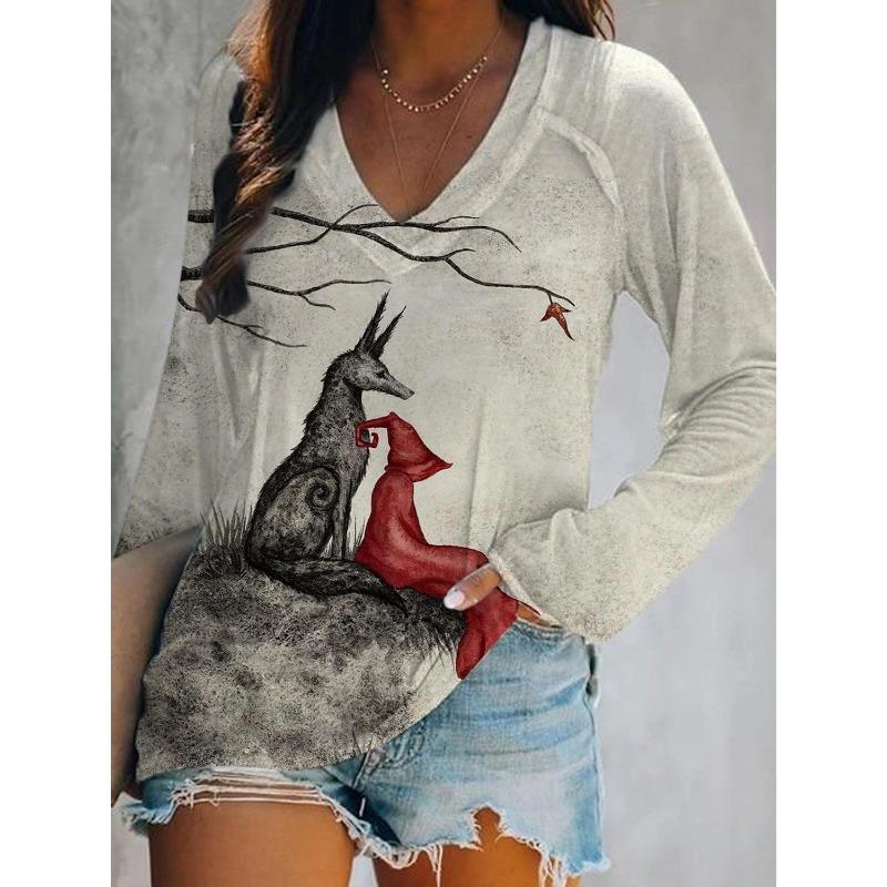 

Весенне-осенний топ с V-образным вырезом и 3D-принтом на Хэллоуин, модные повседневные женские футболки с длинным рукавом 6XL