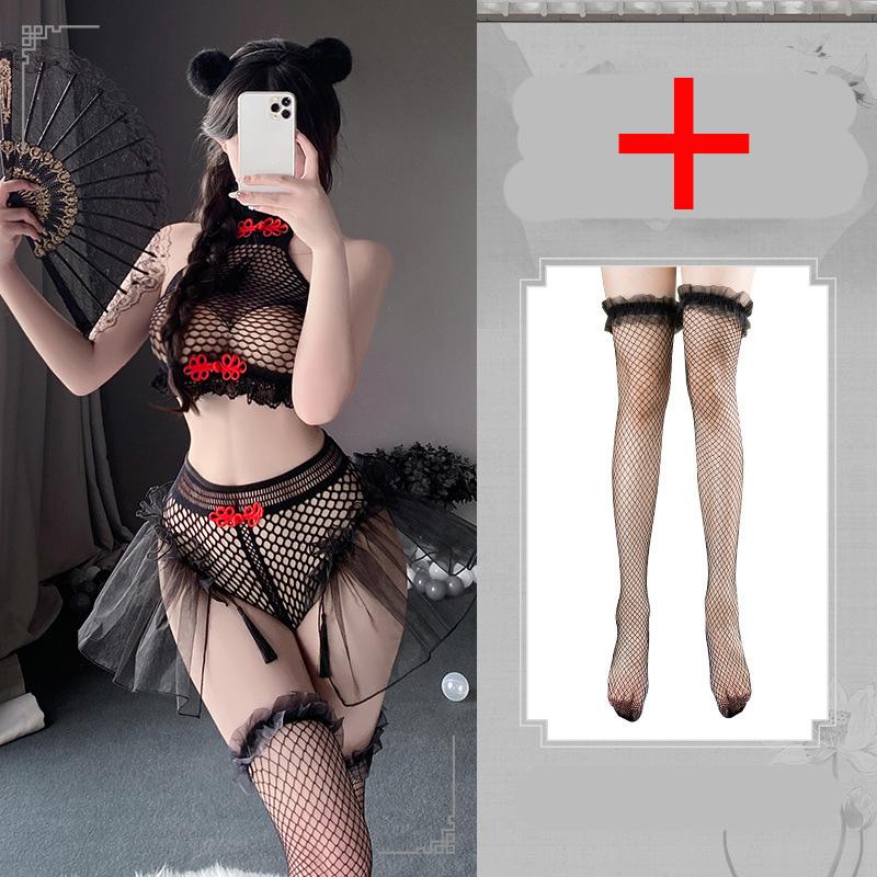 Erotic Lingerie Tight Mesh Hollow Lace Deep V Exposed Breast Call of the Night Hot Sexy Clothes Woman Women's Ethical Underwear