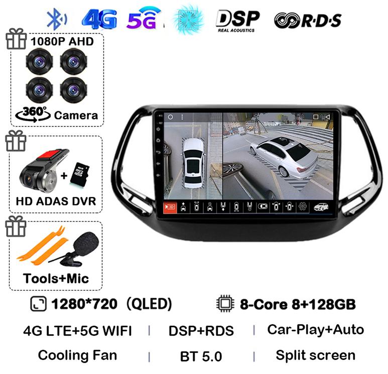 Android 14 Carplay Auto Car Radio For Jeep Compass 2017 2018 2019 GPS Navigation Stereo Multimedia Video Player 360 Camera WIFI