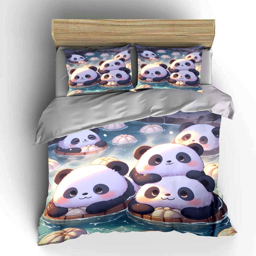 Cute Pandas Soaking In Hot Springs Duvet Cover Set With 3D Printing Design Soft Polyester Bedding Set All-Season Comfort