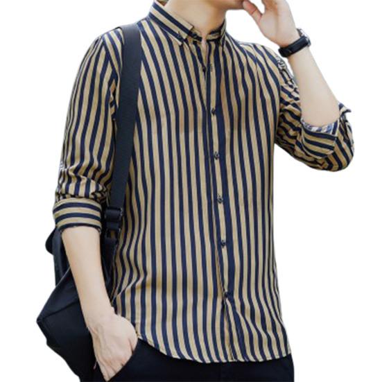 

Мужская формальная рубашка однобортная в полоску с отложным воротником, деловая рубашка для работы XL жёлтый