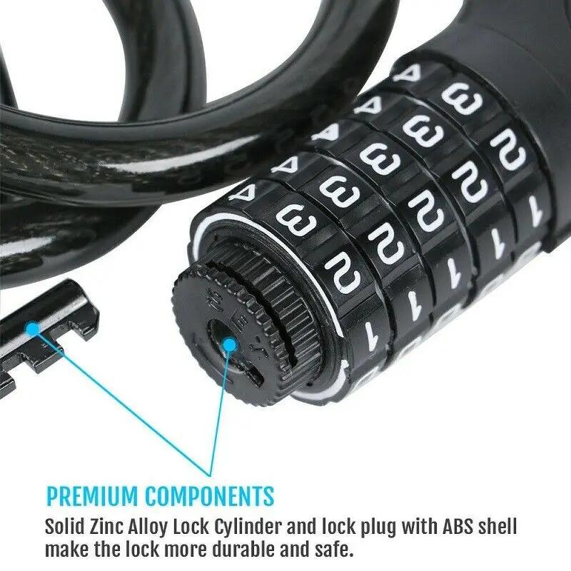 Bike Lock 5 Digit Code Combination Bicycle Security Lock Steel Cable Spiral Bike Cycling Bicycle Lock 120cm Chain Padlock 12mm