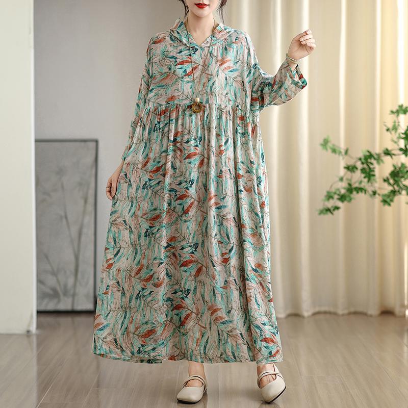 DIMANAF 2025 Damen Übergröße Langes Hutkleid Lockerer O-Ausschnitt Druck Lässig Floral Übergröße Langarm 8108