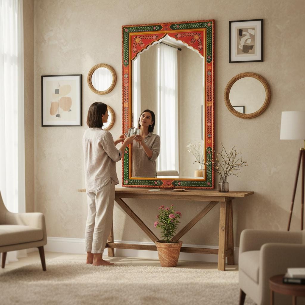 Wooden Painted Wall Decor Fram Mirror-Bedroom Mirror Home Decor Art Furniture | Wall Living Fram Decor Mirror-Indian Painted Beautifull Fram
