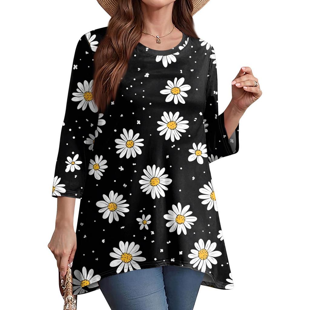 Women's Fashion Casual O-Neck 3/4 Sleeve Loose Printed T-Shirt Ladies Top