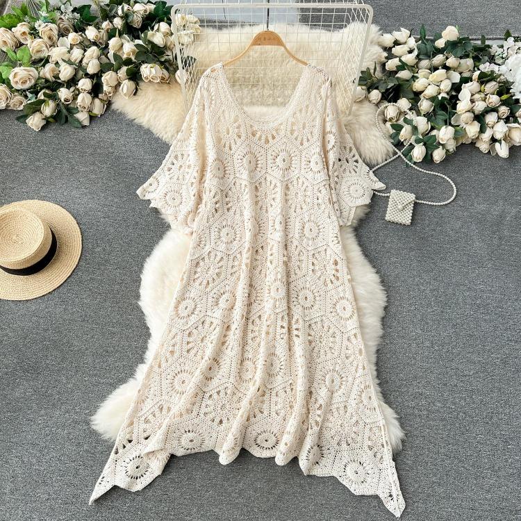 

New Summer Loose Casual Long Sleeve Lace Knitted Dress Women Basic Dress One Size бежевий
