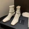 Fashion Thick Heeled Square Toe Pearl/chain Elastic Slim Fit Boots  Autumn and Winter Black Beige Fashion Women's Short Boots size 34-42