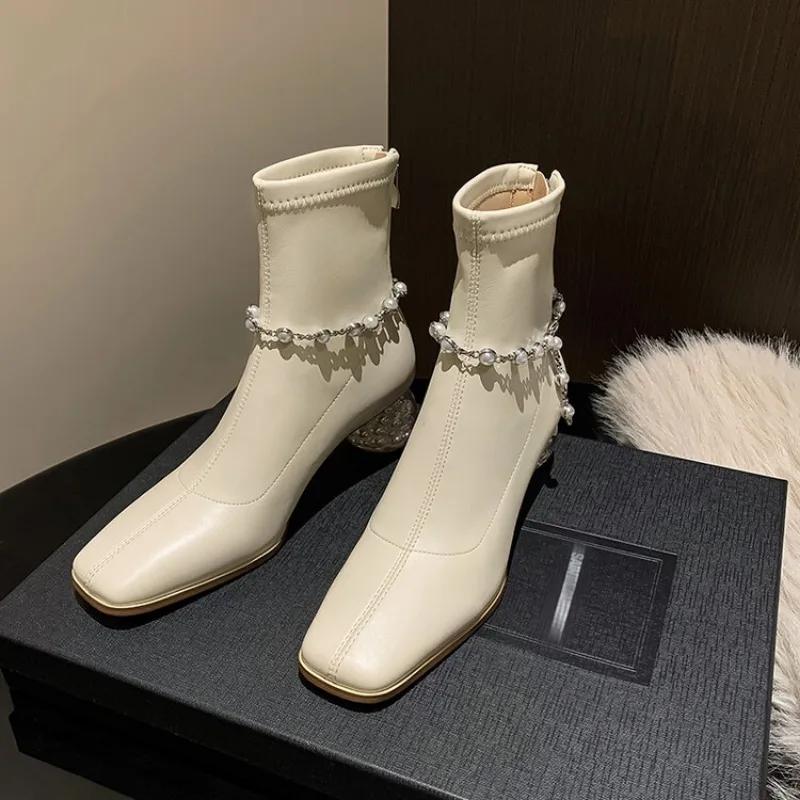 Fashion Thick Heeled Square Toe Pearl/chain Elastic Slim Fit Boots  Autumn and Winter Black Beige Fashion Women's Short Boots Size 34-42