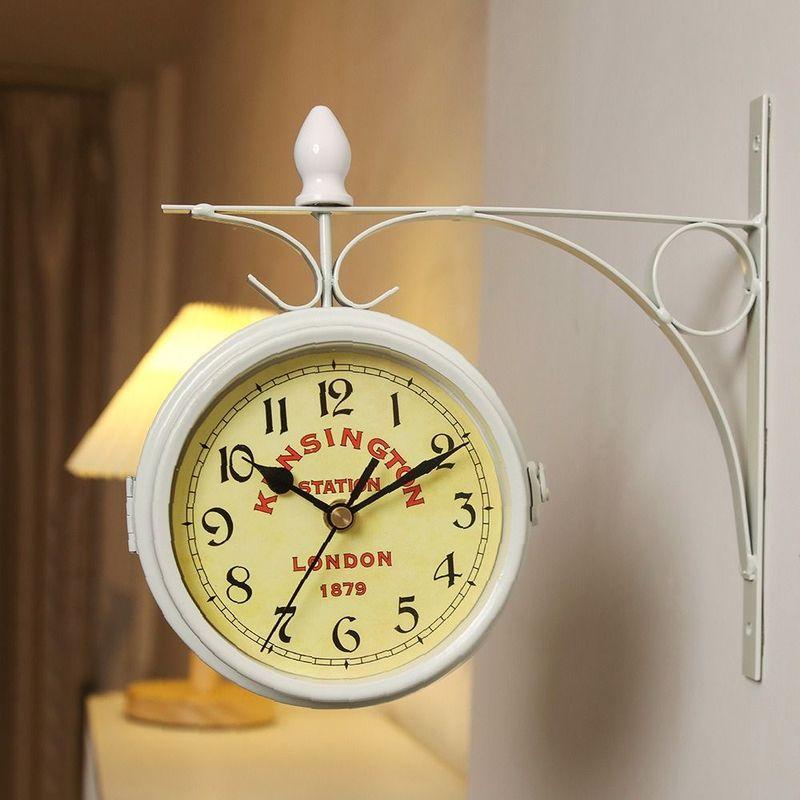 Outdoor Garden Train Station Double Sided Wall Clock Retro Wrought Iron Metal Wall Clock