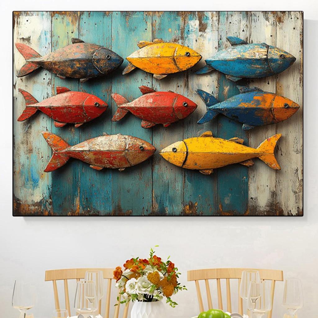 Rustic Wooden Frame Oil Painting of Colorful Fish for Home Decor