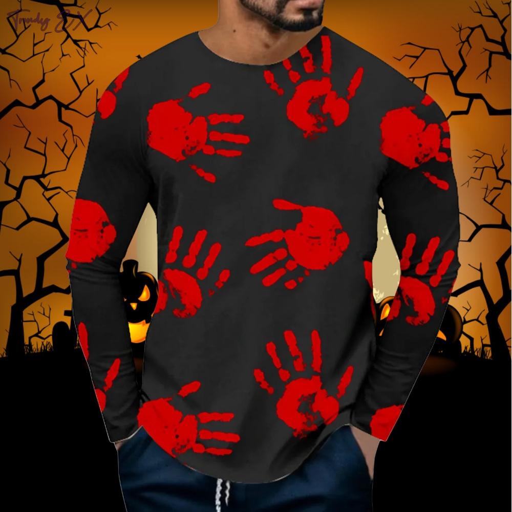 

Spring and Autumn Round Neck Halloween Handprint Pattern 3D Printed Top Fashionable Casual Long Sleeved Men s T-shirts S