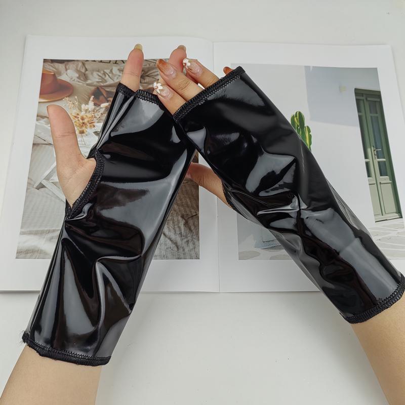 Short Fingerless Punk Black Shiny PU Gloves Cosplay Party Nightclub Dance Show Gloves Costume Accessories