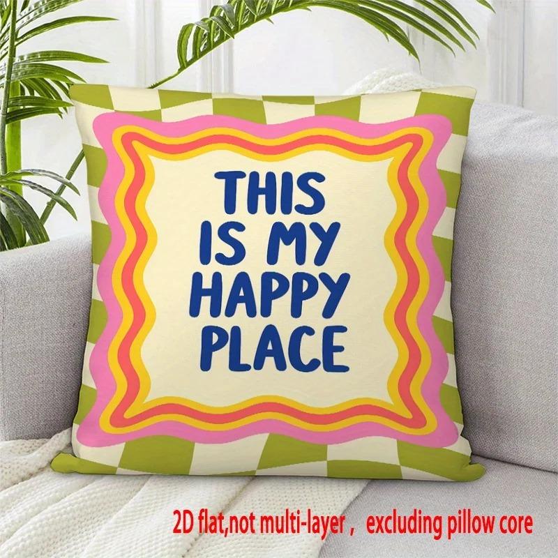 This Is My Happy Place Quote Peach Skin Pillowcase D Flat Printed Groovy Checkered Cushion Cover Home Sofa Living Room Decor