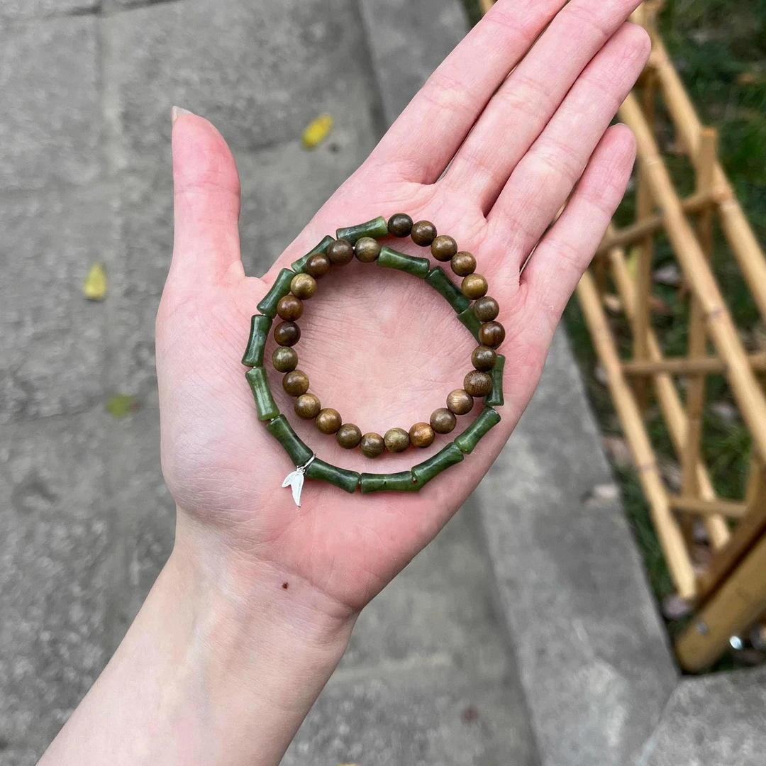 Handmade Green Sandalwood & Olive Jade Bamboo Joint Double Loop Bracelet, Retro New Chinese Ethnic Style Unisex Jewelry, Travel Souvenir