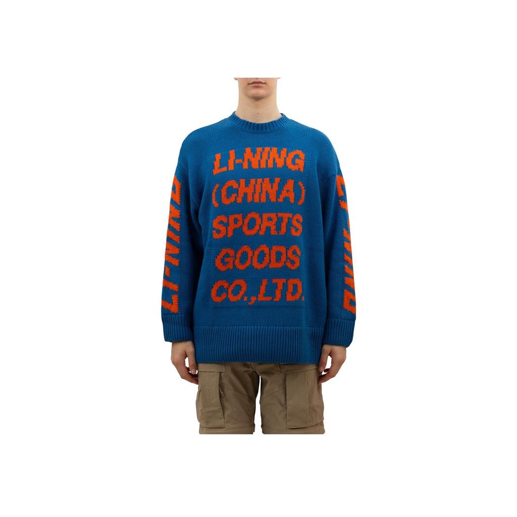 Li Ning Color Block Markenlogo Buchstaben-Print Rundhals Langarm Pullover Herrenpullover Blau AMBQ026-2