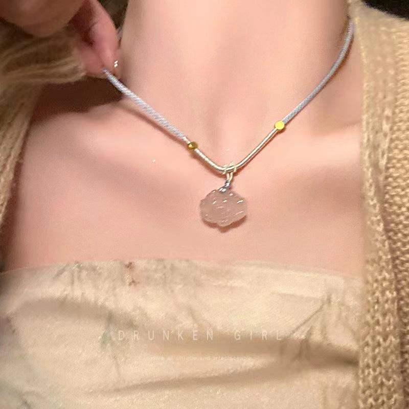Lotus jade pendant braided rope necklace women's new Chinese ancient cheongsam decoration national style Hanfu horse dress with accessories