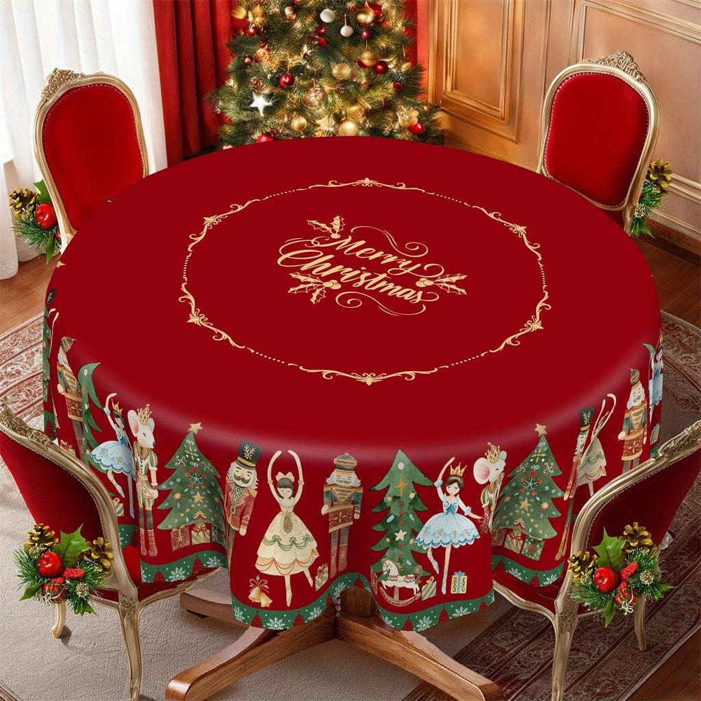 Round Christmas Tablecloth Santa Nutcracker Snowman Print Holiday Dining Table Cover Dustproof Home Decoration 150cm