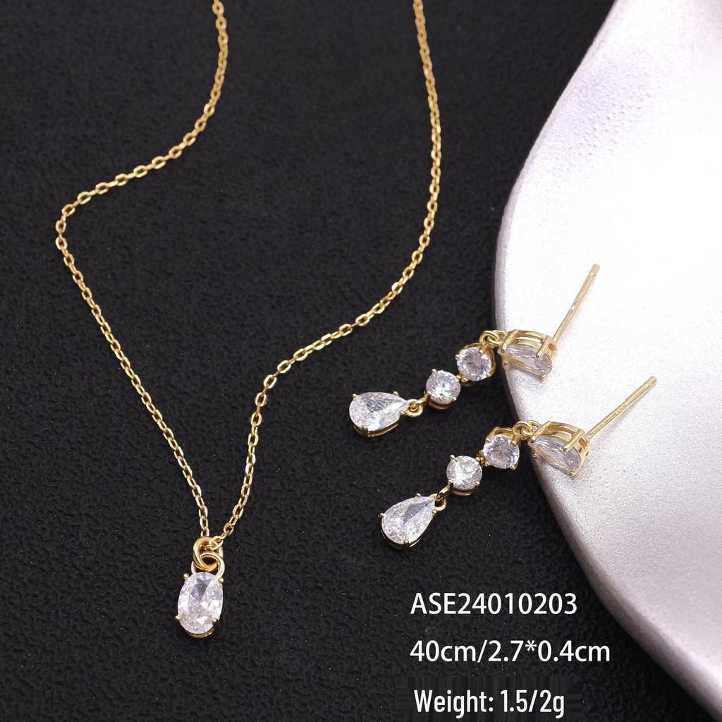 European and American Pure Silver Earrings with Rhinestone Water Drop Pendant Necklace Set for Women