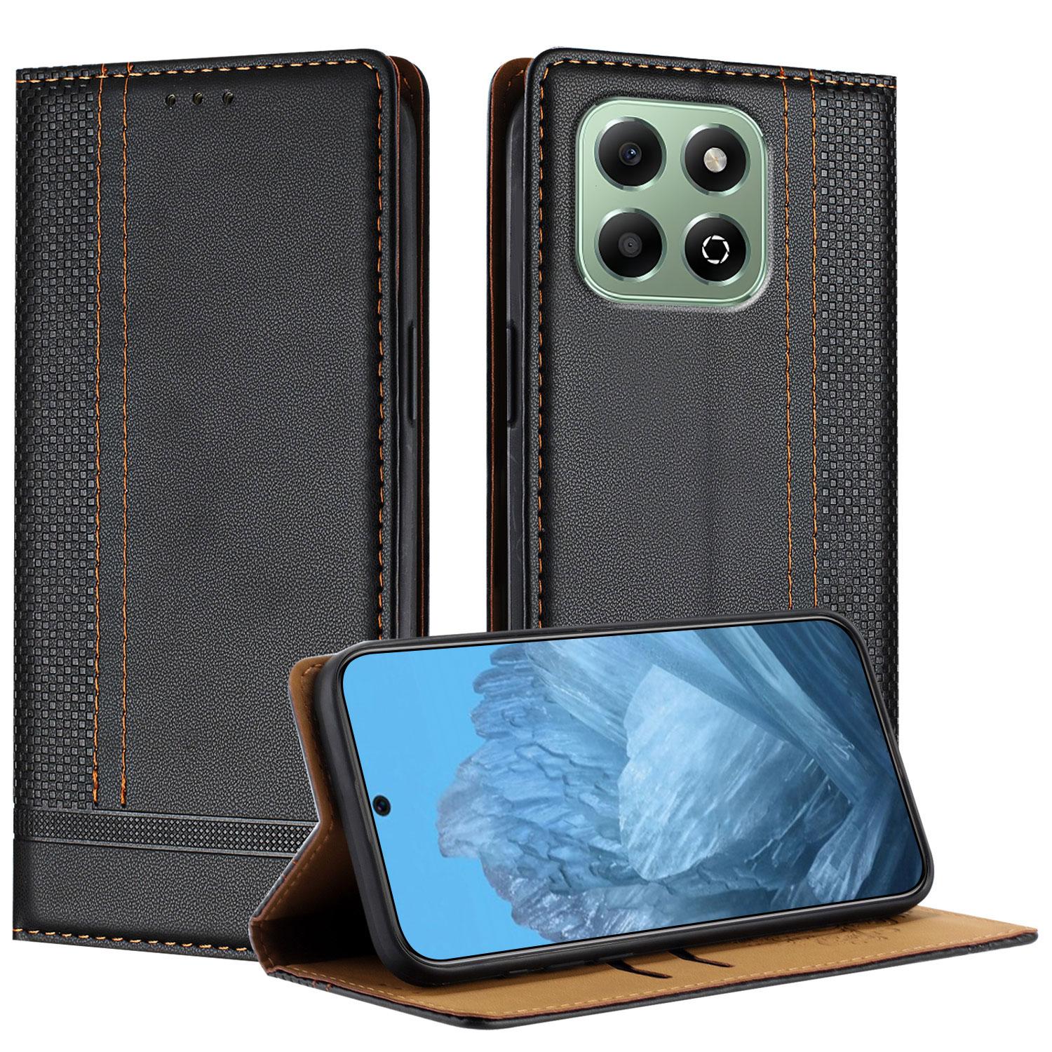 

For Honor X6b 4G Case L-Shaped Grid Pattern Leather Stand Phone Cover with Card Slots Black