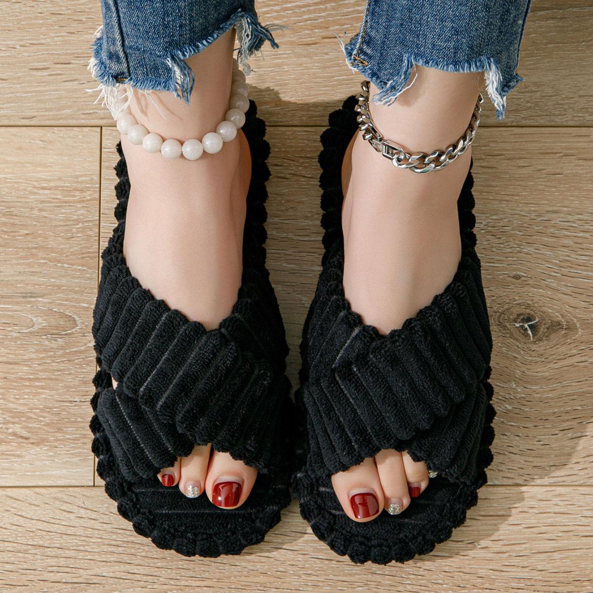 Übergröße Baumwollpantoffeln für Damen, Dick und Leicht, Rutschfeste Baumwollschuhe, Warme Schlafzimmerschuhe 38-39 schwarz