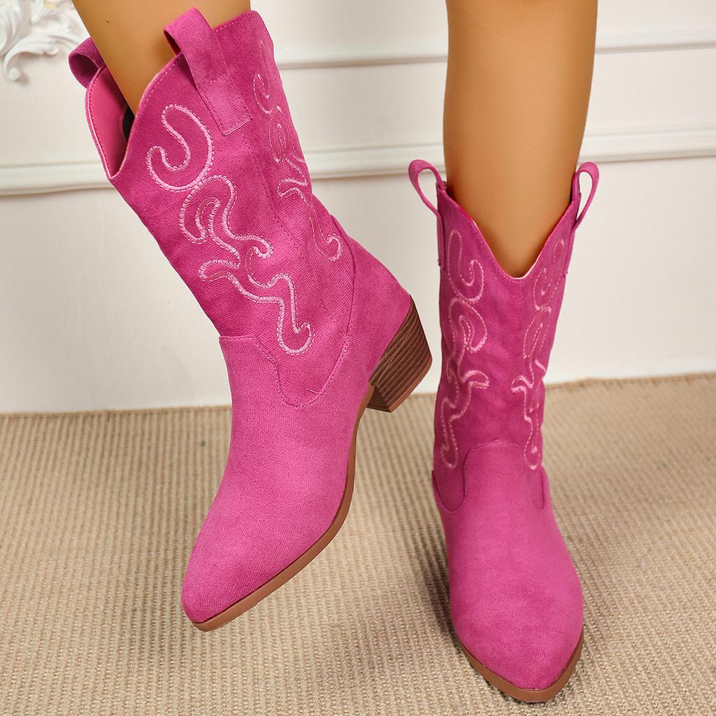 Large Size Embroidered Square Heel Round Head Medium Boots Chelsea Boots Versatile V-Mouth But Knee Boots Children
