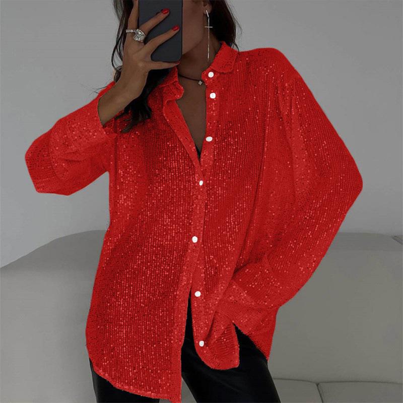 2026 Sexy Sequin Sparkle Lapel Single-Breasted Long Sleeve Women's Shirt