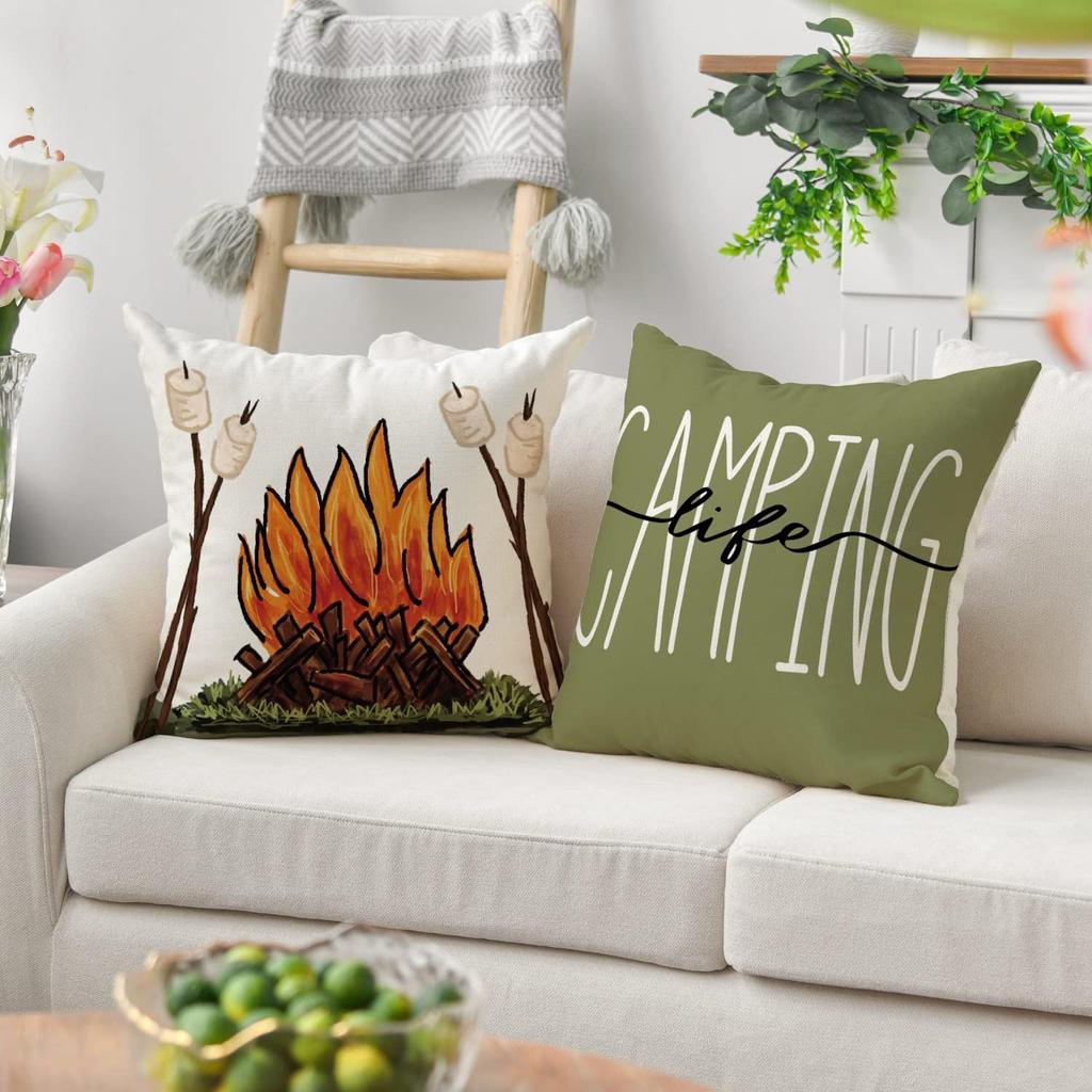 AVOIN colorlife Happy Camper Camping Life Throw Pillow Covers 18x18 Set of 4, Gnome S'More Campfire Decoration for Sofa Couch