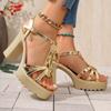 Fashion Super High Heel Sandals Summer New Round Toe Open Toe Cross Strap Platform Non-slip Wear-resistant Block Heel Shoes