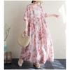 Women's Thin Cotton and Linen Round Neck Short Sleeved Long Skirt