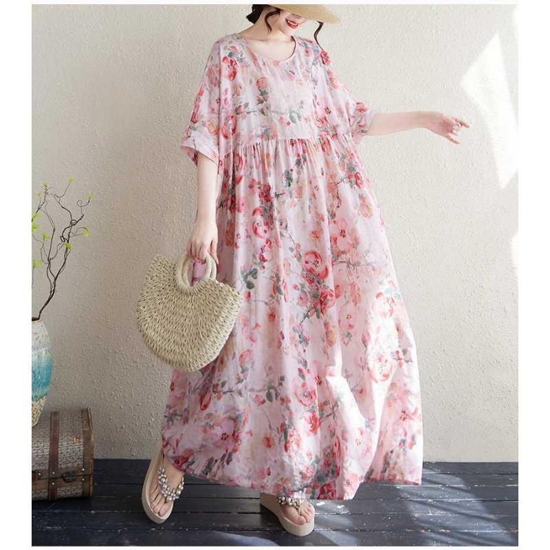 Women's Thin Cotton and Linen Round Neck Short Sleeved Long Skirt