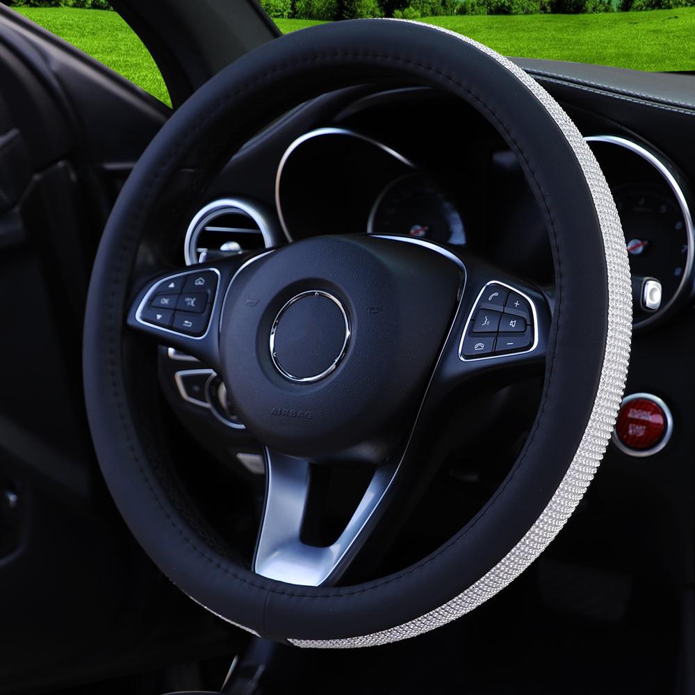 

1 чехол на руль автомобиля из ПУ-кожи с бриллиантовой инкрустацией Blingbling подходит для 14,5-15 автотоваров чёрный