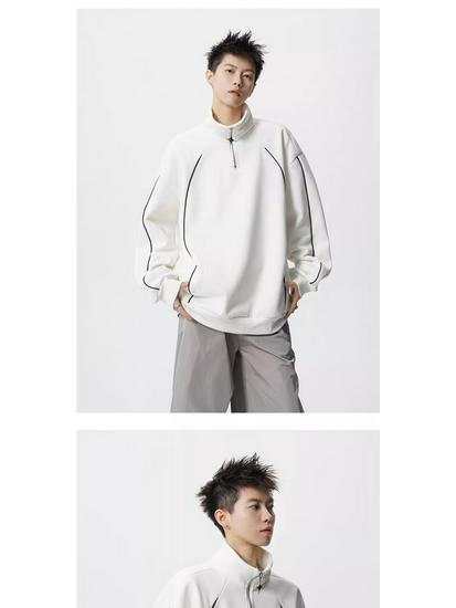 Men's 2025 Spring/Autumn Striped Color Block Half-Zip High-Neck Hoodie - Trendy Loose Heavyweight Top