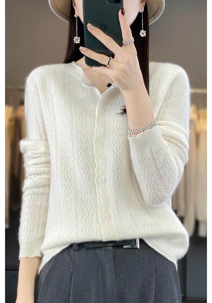 Women's Loose Knit Pure Wool Cardigan - Wheat Ear Design for Autumn Winter