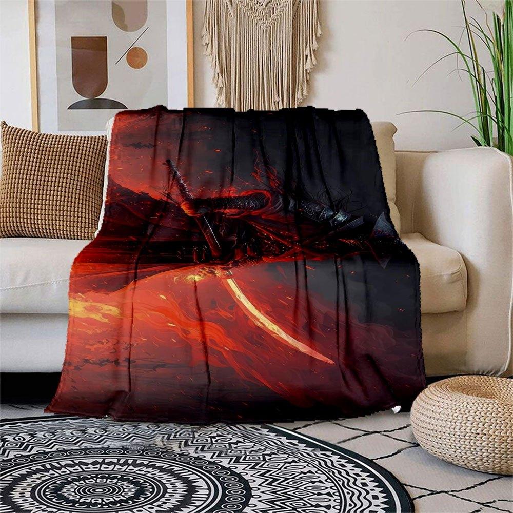 Flaming Blade Warrior Fantasy Art Print Blanket Flannel Throw Blanket for Sofa, Bed, Travel, Camping, Office, Couch, Chair, And Bed Gift fo 150x180cm