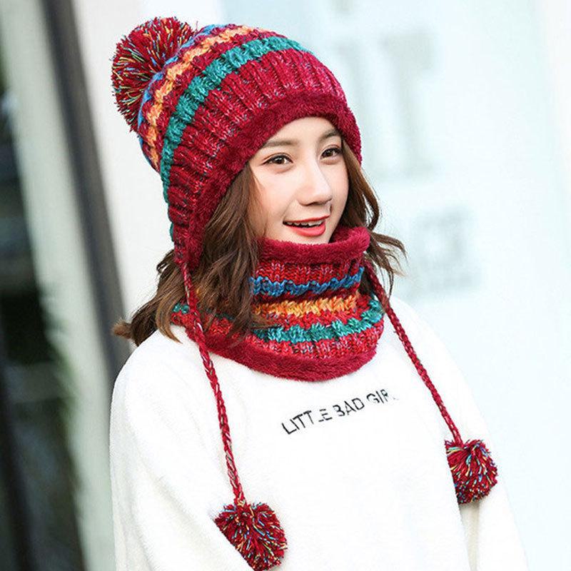 Korean Style Women's Knit Earmuff Hat and Scarf Set - Plush, Thick, and Trendy for Outdoor Warmth.